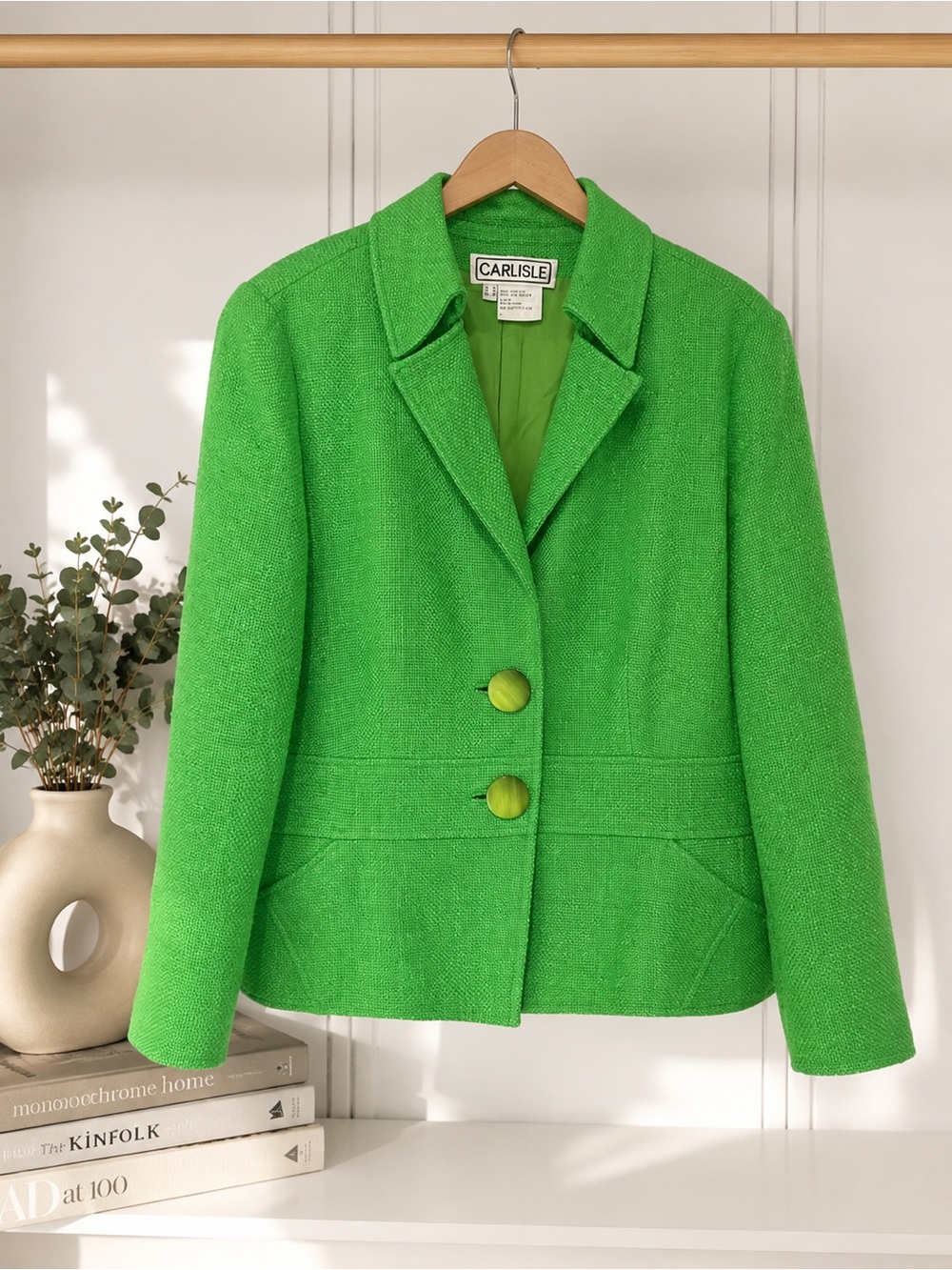 Vintage Carlisle Lime Green 100% Silk Textured Blazer Jacket Size 16